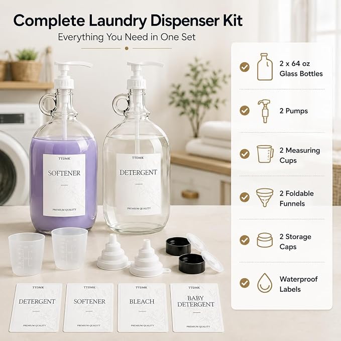 2 Pack Glass Laundry Detergent Dispensers, 64 oz Half Gallon Bottles | Reusable Glass Bottles with Pumps and Labels for a Clean, Organized and Stylish Laundry Room.