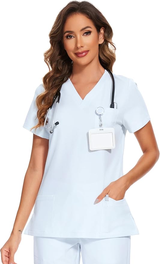Scrubs Tops for Woman - Soft Stretch, V-Neck Tops | 3 Pockets, Side Split Design, Short Sleeve, Breathable & Lightweight Nursing Shirt, Easy-Care Fabric for All-Day Comfort