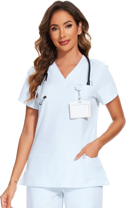 Scrubs Tops for Woman - Soft Stretch, V-Neck Tops | 3 Pockets, Side Split Design, Short Sleeve, Breathable & Lightweight Nursing Shirt, Easy-Care Fabric for All-Day Comfort