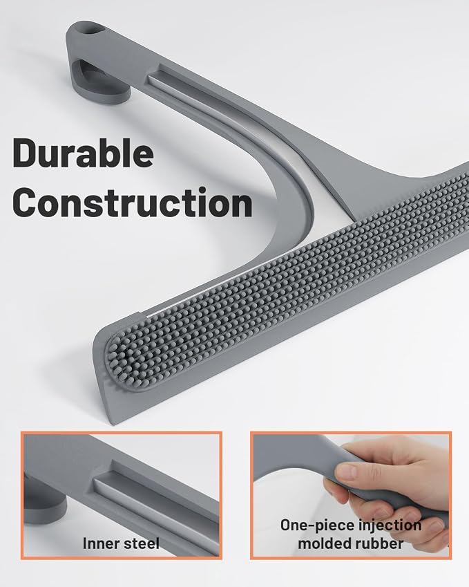 2-in-1 Silicone Shower Squeegee with Hook,Dual-Sided Design with Scraper & Scrub Surface,Rust-Proof Stainless Core,Streak-Free Bathroom Squeegee for Glass Doors,Mirrors,Windows,Car Windshields (Gray)