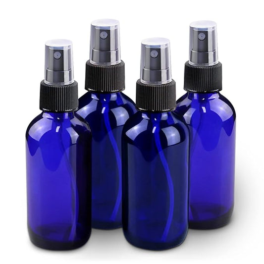 Wedama Mini Glass Spray Bottles 2 oz, Empty with Funnel Dropper, Fine Mist for Hair, Travel, Plants, Cleaning Solutions and Skin Care (4 Pack Blue)