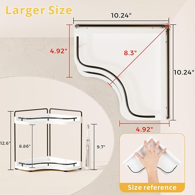 2-Tier Corner Bathroom Counter Organizer, Larger Size | Embedded Screw Holes, Sturdy & Stable, Oversized, Holds More, Vanity Shelf for Makeup & Skincare, White