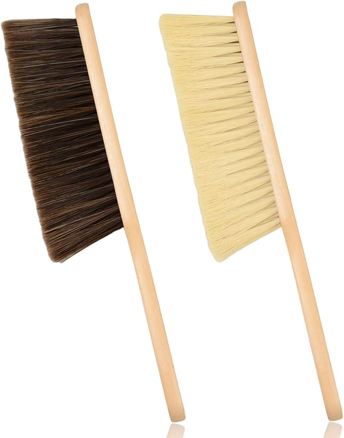 2 Pieces Woooden Dust Brush Hand Broom Bench Brush with Long Wood Handle Whisk Broom Soft Bristle Brush for Counter Bed Sofa Car Fireplace Clothes Household Cleaning