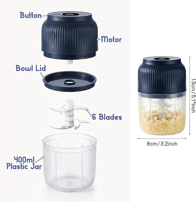 Electric Garlic Chopper, 2026 New Mini Food Processor & Food Chopper for Kitchen, Portable Cordless Garlic Mincer with 6 Stainless Steel Blades, Small Vegetable Chopper for Onion Salad (400ML Blue)