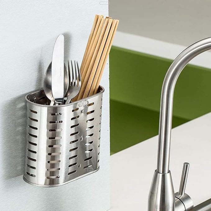 Self Adhesive 2 Compartments Mesh Utensil Drying Rack/Chopsticks/Spoon/Fork/Knife Drainer Basket Flatware Storage Drainer, 304 Stainless Steel