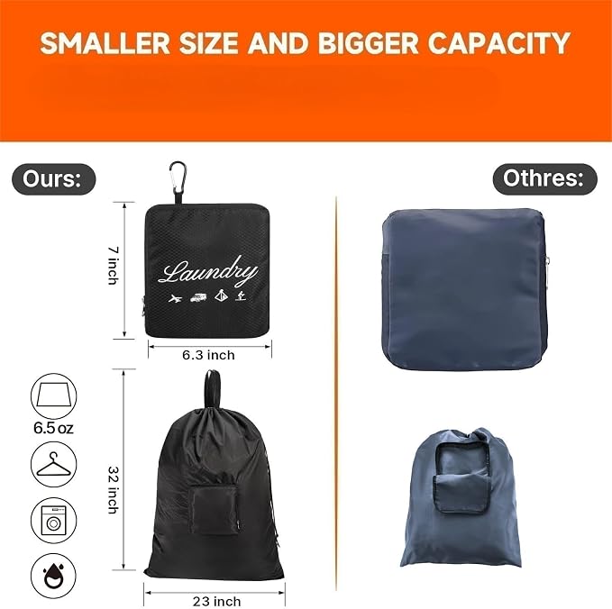 JHX Travel Laundry Bag XL, Extra large Dirty Clothes Organizer【Upgraded】with Handles and Aluminum Carabiner for Travel, Camp, Fitness, and Students (Thickened - Black) 32"H x 23"W