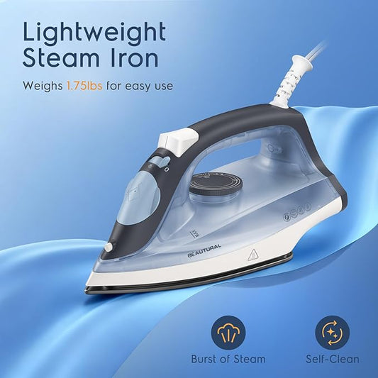 BEAUTURAL Compact Steam Iron for Clothes, Non-Stick Soleplate, Burst of Steam, Spray Mist, Self-Cleaning, Anti-Calcium, Anti-Drip, Easy Temperature Control, Light Weight, 1200 Watts