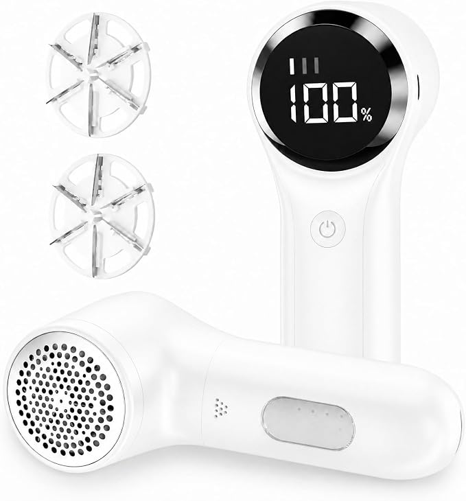 Buywoo Fabric Shaver, Electric Lint Remover, Rechargeable Lint Shaver, Household Essentials for Clothes, Upholstery, Furniture, Sweater Defuzzer to Remove Pilling, Battery Operated, White
