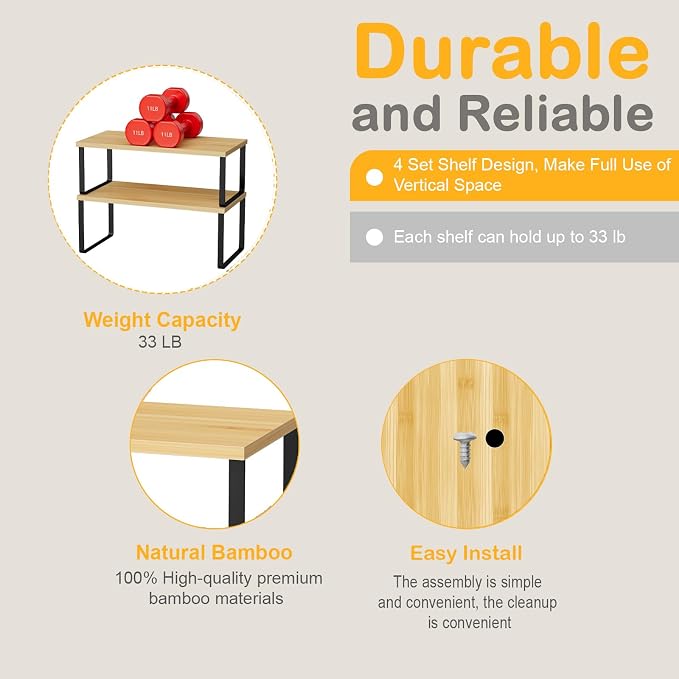 OGEMXU Cabinet Shelf Organizers, 15.7 inches Large Kitchen Counter Shelf, Set of 2 Wood Kitchen Pantry Organizer, Storage Shelves for Countertop, Spice Rack, Stackable, Expandable, Metal Black, Nature
