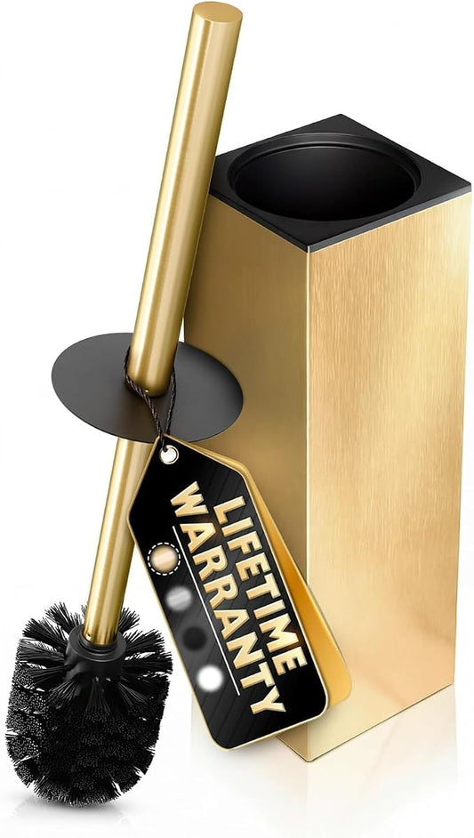 Stainless Steel Toilet Brush and Holder Set Gold & Square Design - Corrosion and Scratch-Resistant Gold Toilet Brush and Holder Set with Splash Protection - for Deep & Effective Bathroom Cleaning