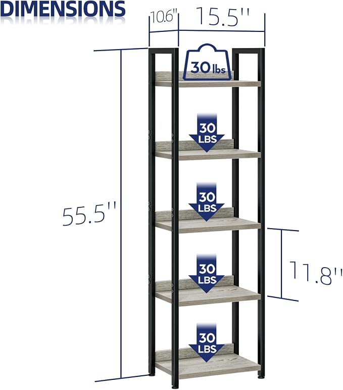 NUMENN Narrow Bookshelf, 5 Tier Freestanding Shelving Unit, Grey | Metal Frame & Wood Shelves, Falling Prevention Baffle, Open Storage Bookcase for Bedroom, Living Room & Home Office