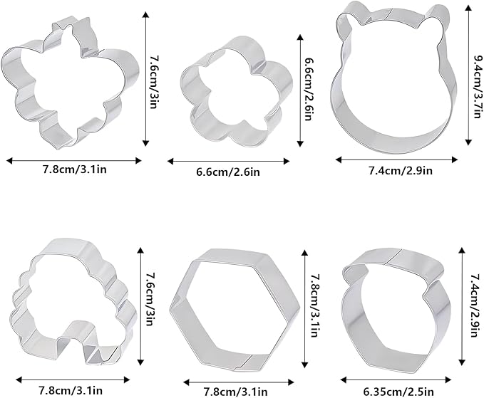 6Pack Bee Cookie Cutters Set, Beehive,Honey Jar,Winnie the Pooh,Flower Shapes Stainless Steel Biscuit Molds for Honey Bee Party Baking Muffins Sandwiches Cake Fondant Birthday Decoration