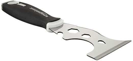 Amazon Basics 14-IN-1 Soft Grip Painters Tool with Hammer End, Paint Scraper, Nail Puller, Roller Cleaner, 3", Black