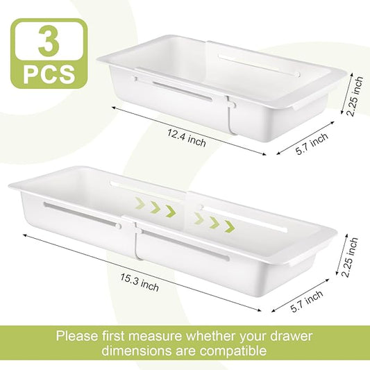 3 PCS Deep Drawer Organizer Bin Adjustable Sliding Drawer Organizers Expandable Kitchen Organizer Trays for Home Office Makeup Storage Tools