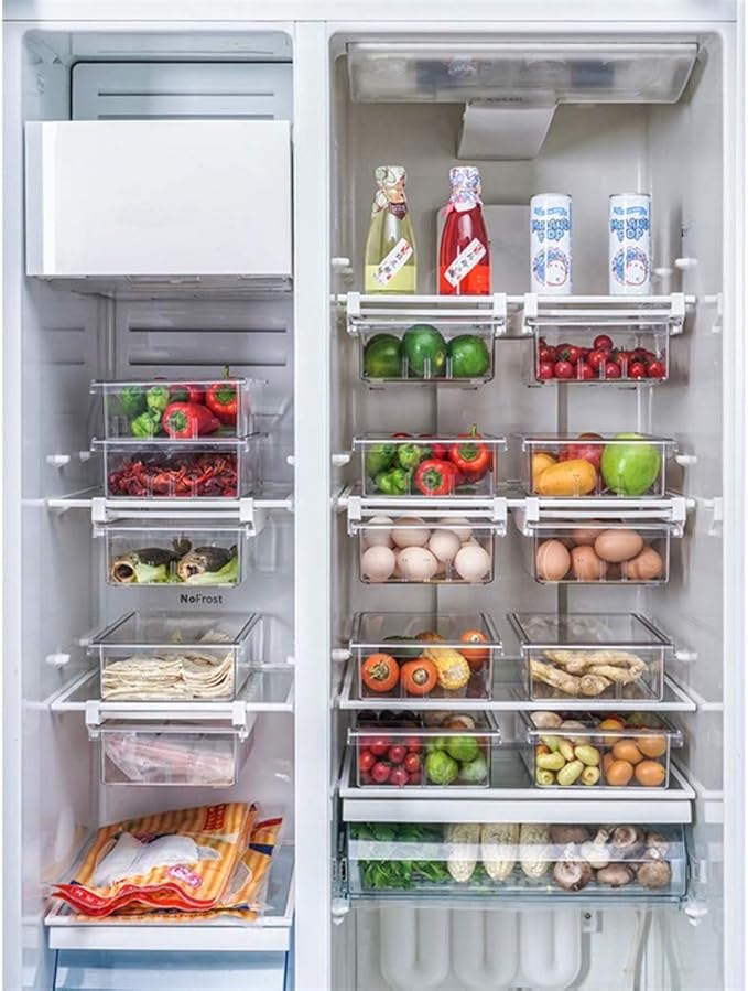 YekouMax Fridge Drawer Organizer, Refrigerator Organizer Bins, Pull Out with Handle, Fridge Shelf Holder Storage Box, Clear Container for Food,Drinks,Fit for Fridge Shelf Under 0.6" (2 Pack Medium)