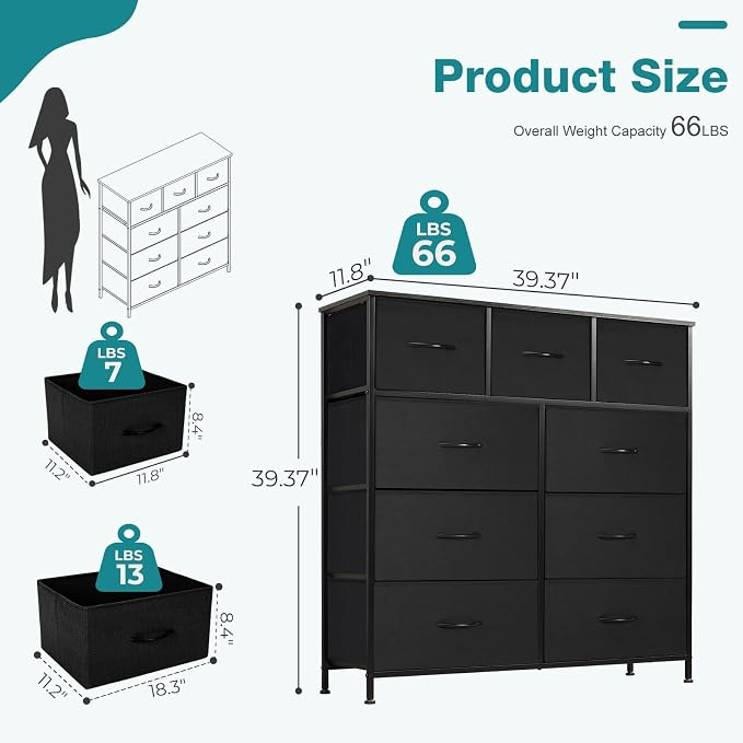 OLIXIS 9 Drawer Fabric Storage Dresser Chest Organizer Unit, Black | Sturdy and lightweight fabric drawers with easy-pull handles. Space-saving versatile organizer for clothes, bedroom