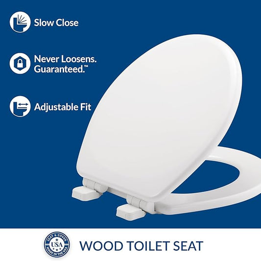 Mayfair Linden Slow Close Toilet Seat, Non Slip Heavy Duty Wood, Easy Install, Made in USA, Round, White, 2 Pack