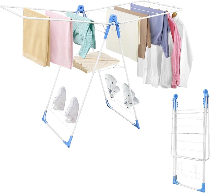 Foldable Gullwing Clothes Drying Rack Free Standing Indoor Outdoor Airer | Height Adjustable Wings Large Laundry Airer with Shoe Rack for Balcony Laundry Room