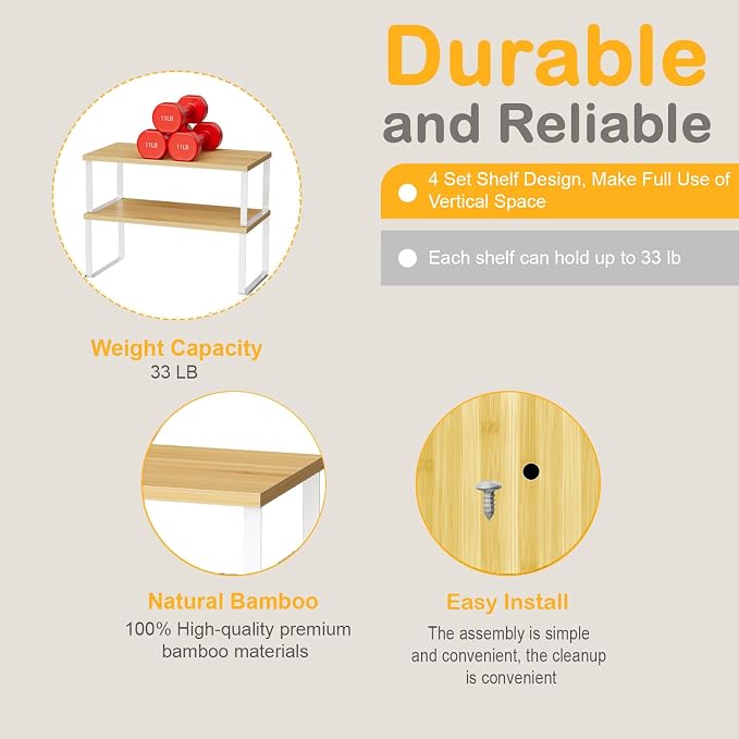 OGEMXU Cabinet Shelf Organizers, 15.7 inches Large Kitchen Counter Shelf, Set of 4 Wood Kitchen Pantry Organizer, Storage Shelves for Countertop, Spice Rack, Stackable, Expandable, Metal White, Nature