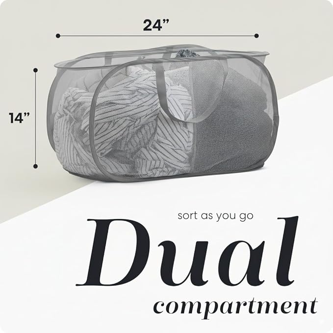Handy Laundry Pop Up Laundry Hamper 2-Compartment, Divided 77L Mesh | Divided Basket with Handles, Collapsible Foldable Flat, Breathable Ventilated, Sorting Bin for Dorm, Travel, Home, Black