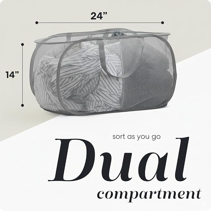 Handy Laundry Collapsible Laundry Basket, 2-Compartment Mesh Pop Up Hamper with Handles – Foldable, Space-Saving Dirty Clothes Organizer for Dorm, Travel, Laundry Room, Grey