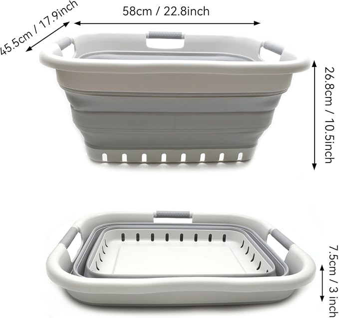 SAMMART 41L (10.8 gallon) Set of 2 Collapsible 3 Handled Plastic Laundry Basket-Foldable Pop Up Storage Container/Organizer-Space Saving Hamper/Basket (2, Grey/Grey)