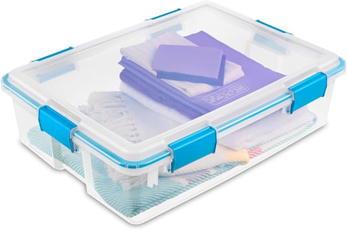 Sterilite Gasket Storage Box with Lids for Home & Office, 37 Quart, 8-Pack | Heavy-Duty, Stackable, and Organizing Containers for Bathroom, Cabinet, Closet, and Garage, Clear and Blue Aquarium Latches