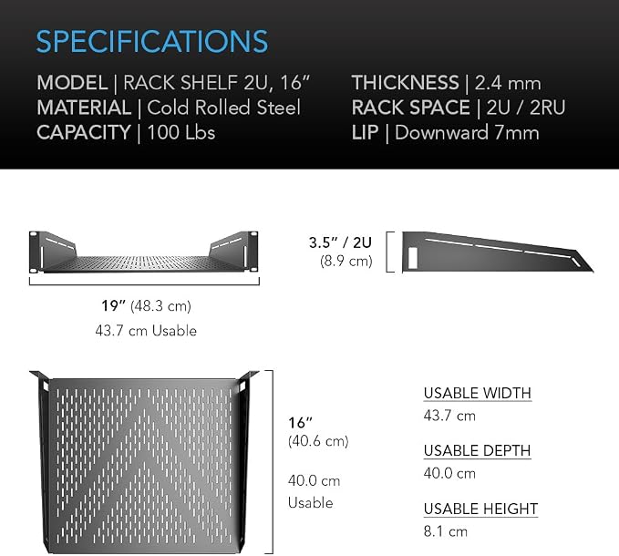 AC Infinity Vented Cantilever 2U Universal Rack Shelf, 16" Deep, for 19” Equipment Racks. Heavy-Duty 2.4mm Cold Rolled Steel, 100lbs Capacity