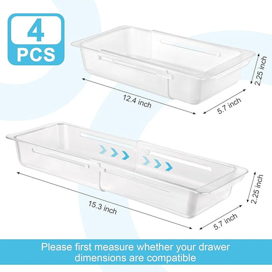 4 PCS Deep Drawer Organizer Bin Adjustable Sliding Drawer Organizers Clear Expandable Transparent Organizer Trays for Home Office Kitchen Makeup Storage Tools