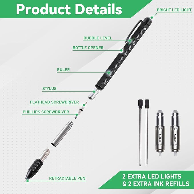 9-in-1 Multitool Pen, Black | with LED Light, Stylus, Level, Ruler, Bottle Opener, Screwdriver, Gifts for Men, Women, Dad, Husband, Birthday Gifts for Men