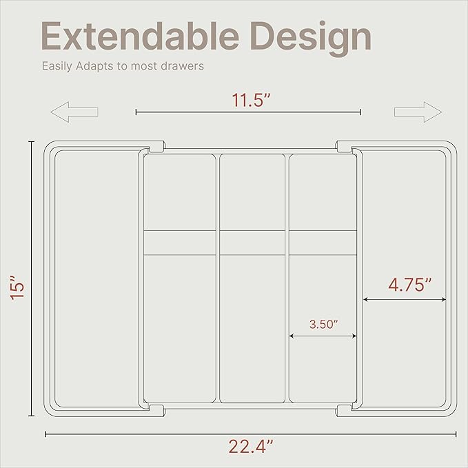 Black Expandable Utensil Drawer Organizer 2 Pack, Adjustable 13” to 22.4”, 5 Compartment Silverware Organizer for Kitchen Utensils, Spatulas, Cutlery, and Tools, Easy to Clean, Durable, and BPA-Free