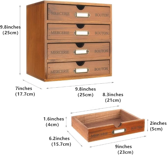 Small Wooden Drawers Wooden Box with Drawer Brown | 4 Drawer Storage Box for Apothecary Cabinet, Apothecary Drawers，Desktop Organizer with Metal Handles for Office，Home