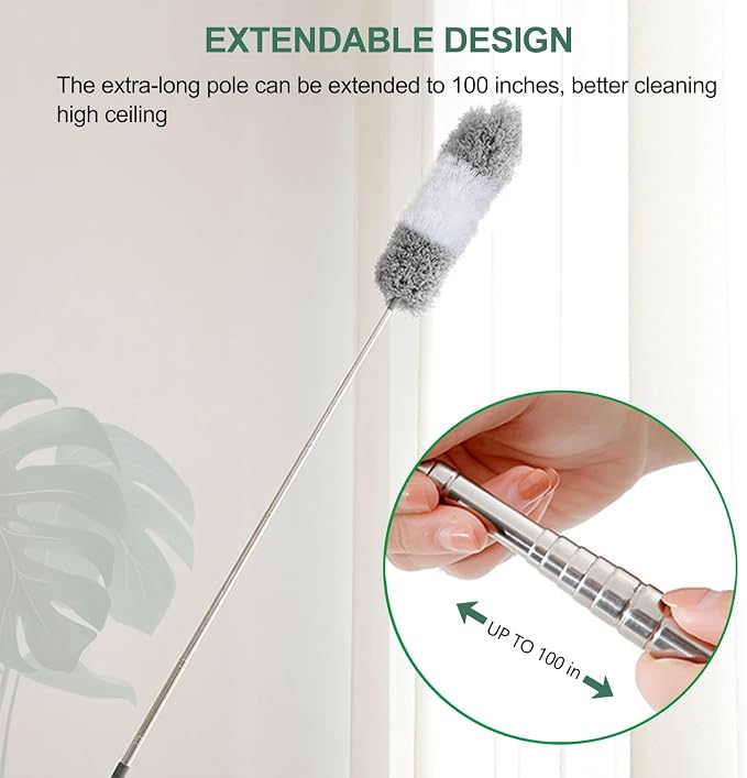 SetSail Extra-Long Dusters with Extension Pole 100-inch for Cleaning | Bendable Microfiber Head,Washable,Ceiling Fan Cleaner Duster,for Corner