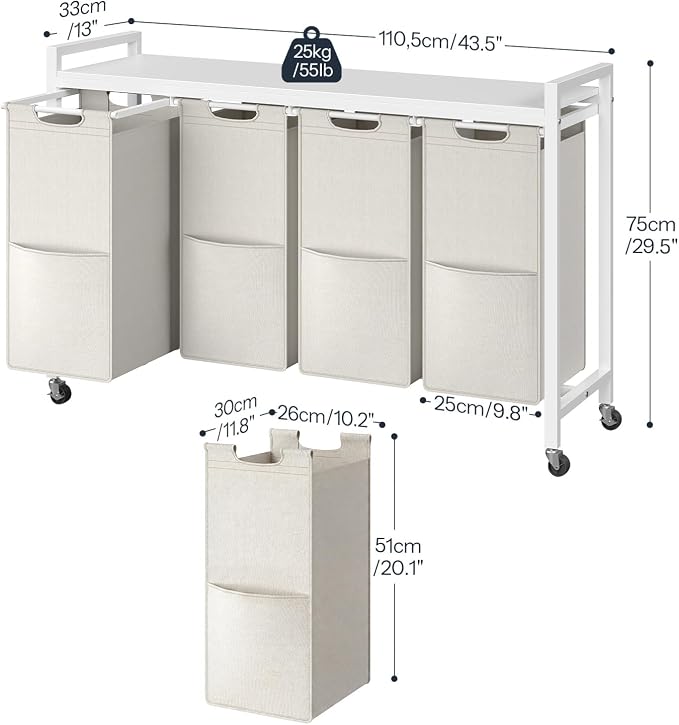 HOOBRO Laundry Sorter 4 Sections, Laundry Hamper with Wheels, 4 × 10.5 Gal (40 L), Rolling Laundry Basket, Pull-Out and Removable Oxford Fabric Bags, White WG04XY01