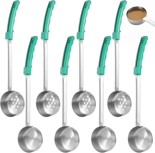 8 Pcs Portion Control Serving Spoons, Including 4 Slotted & 4 Solid Ladles, 4 Oz Stainless Steel Spoons with Non-Slip Plastic Handle for Home Kitchen, Gym Meal Prep, Cafés & Catering