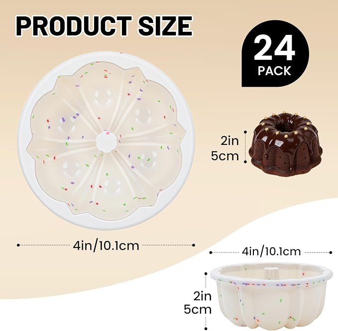Vinino 4 Inch Silicone Fluted Tube Cake Pan with Reinforced Frame, 24-Pack | Mini Flan Molds for Baking Muffin, Jello, Pudding, Chocoflan, Nonstick Mini Cake Pan for Oven,Dishwasher Safe - Cream