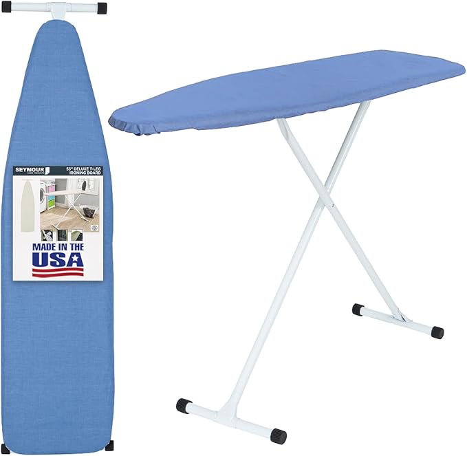 Full Size Ironing Board with Cover & Pad – USA-Made with Enhanced Grip Feet for Extra Stability – Adjustable Steel T-Legs 35" High – Perforated Top – Durable Iron Board for Home, Laundry Room, Blue
