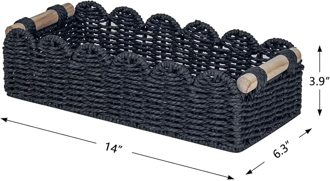 CubesLand Bathroom Basket Organizer, Toilet Tank Paper Storage Baskets 2PK | Scalloped Decorative Basket for Countertop w/Handle, Wicker Basket for Bathroom Decor, Home Decor, Living Room, Black