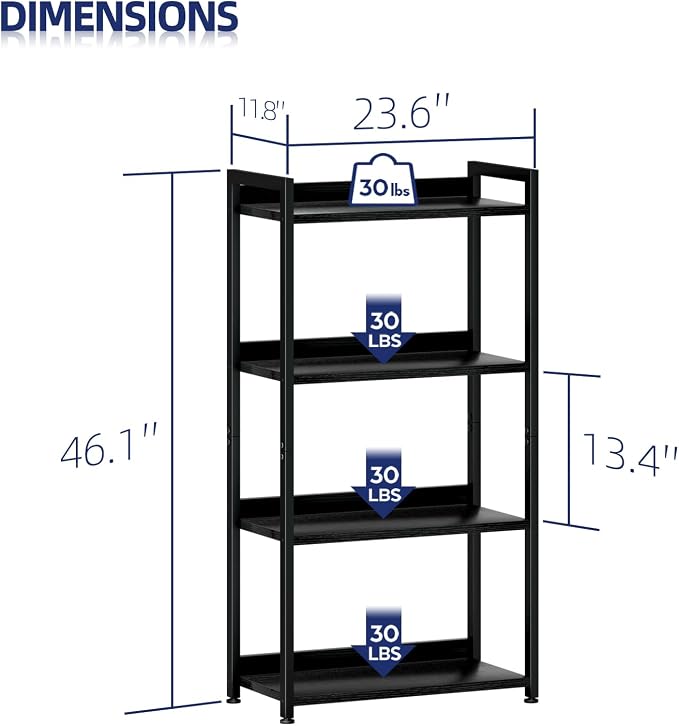NUMENN Bookshelf, 4 Tier Freestanding Shelving Unit, Black | Metal Frame & Wood Shelves, Falling Prevention Baffle, Open Storage Bookcase for Bedroom, Living Room & Home Office
