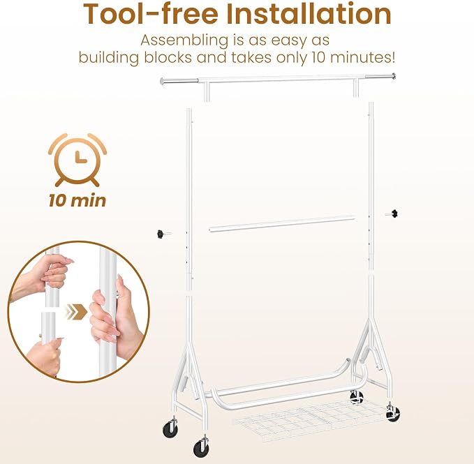 Heavy Duty Clothes Rack for Hanging Clothes, Double Rods Clothing Rack with Lockable Wheels, Rolling Garment Racks with Shelf, Easy to Assemble, White