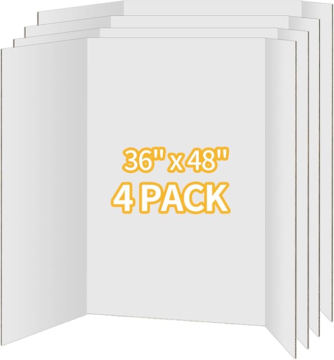 4 Pack Trifold Poster Board 36"x48" - White Foldable Corrugated Display Board, Tri fold Presentation Board, Extra Large Project Boards for School Projects, Science Fair, Graduation Exhibitions