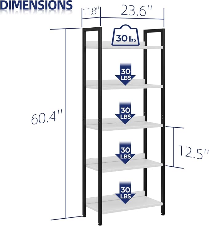 NUMENN Bookshelf, 5 Tier Freestanding Shelving Unit, White&Black | Metal Frame & Wood Shelves, Falling Prevention Baffle, Open Storage Bookcase for Bedroom, Living Room & Home Office