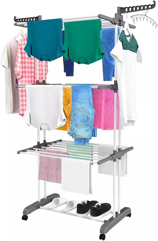 4-Tier Adjustable Stainless Steel Clothes Airer Drying Rack - Foldable (vertically), Rolling, Indoor & Outdoor Clothes Rail, Coat Stand, Laundry Hanging Rack