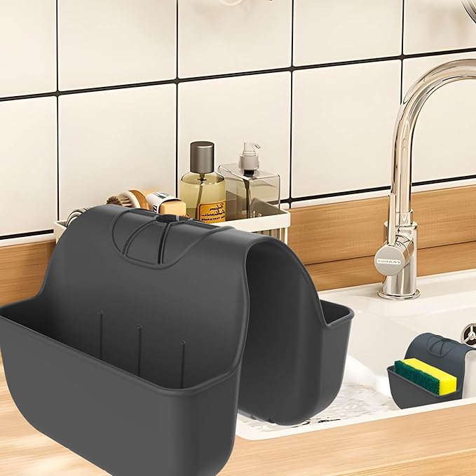 Sponge Holder for Kitchen Sink, Silicone Sink Saddle Caddy Organizer Rack, Sponges Holder Over Faucet, Hanging Kitchen Organizer Accessories Rack Basket Black