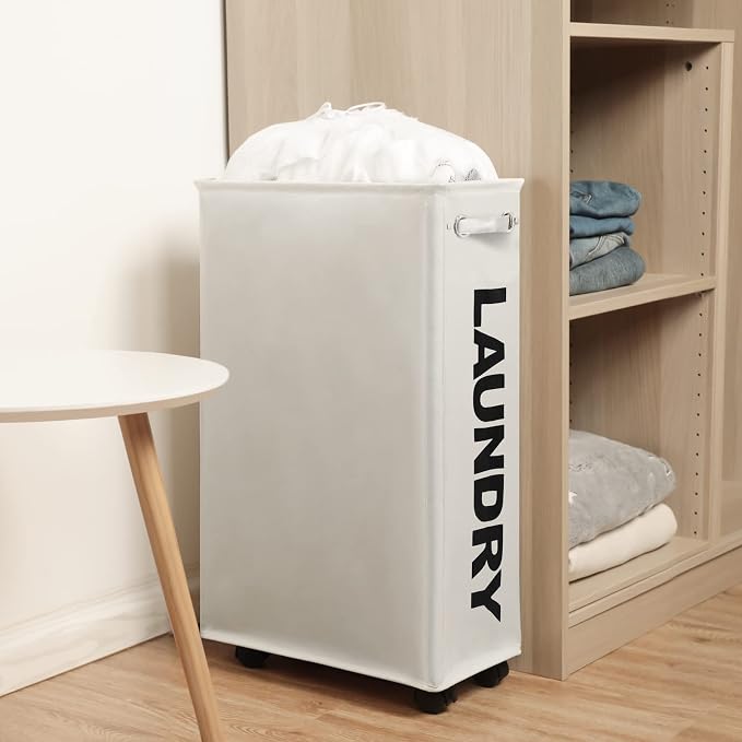 DOKEHOM 29" Enlarged Slim Rolling Laundry Basket Hamper on Wheels, Beige | Collapsible tall laundry hamper with removable mesh wash bag. Foldable narrow corner clothes storage bin for small spaces