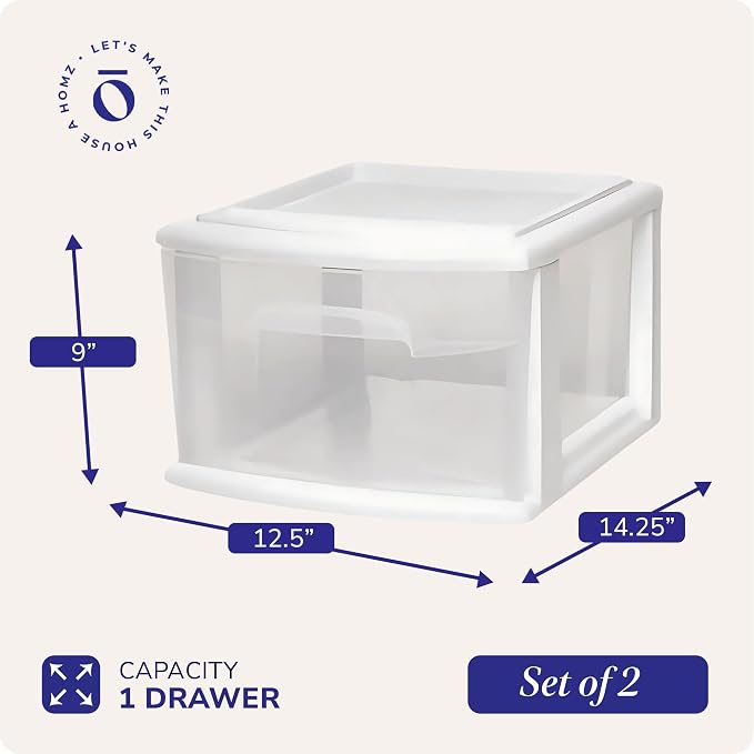 HOMZ 1 Drawer Storage Cart, Medium Plastic Container, White Frame, 2 Pack | 14.25" Wide Medium Tote with 1 Clear Drawer for Organizing Bathrooms, Bedrooms, Home Offices, Closets, and Dorm Rooms
