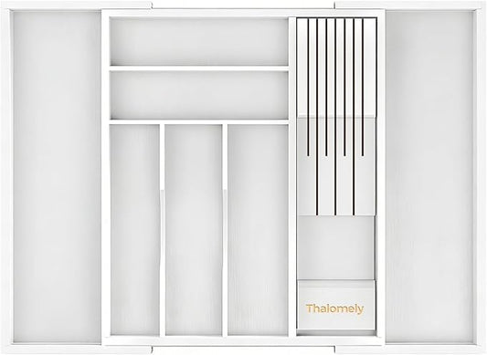 Bamboo Kitchen Drawer Organizer, Expandable Silverware Organizer with Removable Knife Block, 6-8 Slots- Utensil Holder & Cutlery Tray Drawer Dividers, 2.36" Deep for Extra Capacity, White