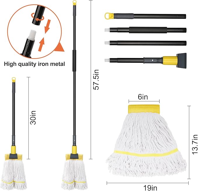 KeFanta 2 Pack Commercial Mop Heavy Duty Industrial Mop with Long Handle,60" Looped-End String Wet Cotton Mops for Floor Cleaning,Home,Kitchen,Office,Garage and Concrete/Tile Floor