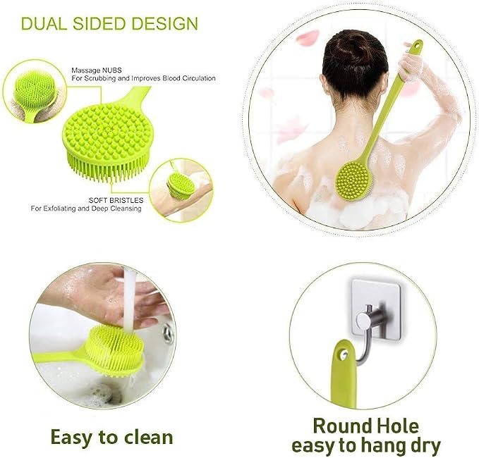 Long Handle Silicone Body Scrubber for Shower, Dual-Sided Back Scrubber Brush with Soft Bristles&Massage Nodes, Exfoliating Bath Brush for Hard to Reach Areas, Easy to Clean & Quick Dry, for Daily Use