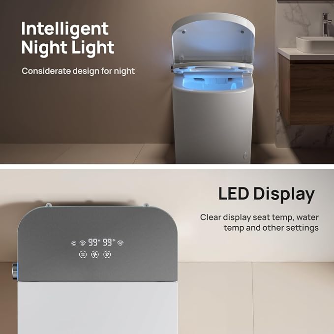 Smart Toilet with Bidet Built-in: Super Gentle Wash Bidet Toilet with Dryer, Dual Flush One Piece Toilet with Child Mode, Foam Shield, Heated Seat, Foot Sensor, UV-C Night Light, Auto Lid/Seat, Grey